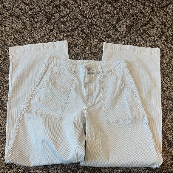 American Eagle Super High-Rise Baggy Wide Leg blue white striped carpenter pants - Picture 3 of 7